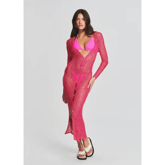 SER.O.YA Allison Crochet Long Cardigan Beach Cover Up Women Sz XS/S Hot Pink